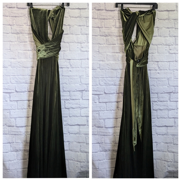 Revelry Micah Convertible Velvet Dress S Olive Green Maxi Bridesmaid Cocktail - Picture 2 of 7
